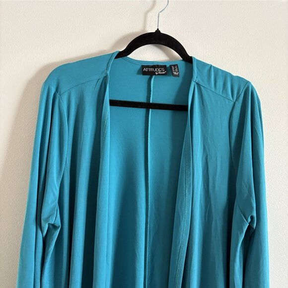 Attitudes By Renee Women 1X Teal Pockets Cascade Open Front Jersey Cardigan - Picture 6 of 10
